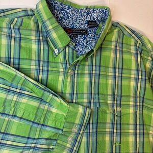 Roper Mens Shirt Green Button Western 2XL Blue Plaid Seersucker Cowboy Party